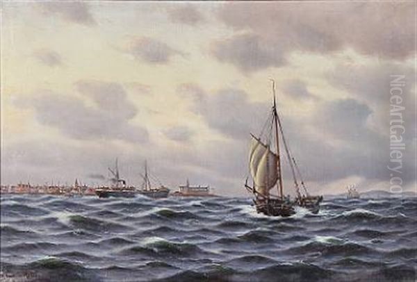 Seascape With Numerous Ships Near Kronborg Castle And Helsingborg Oil Painting by Johan Jens Neumann