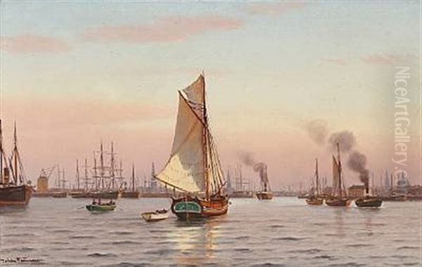 Copenhagen Habour With Sailing Ships And Boats Oil Painting by Johan Jens Neumann