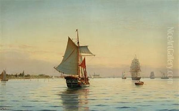 A Quiet Summer Evening With Numerous Sailing Ships And Motor Boat Off The Coast Near Kronborg Castle Oil Painting by Johan Jens Neumann