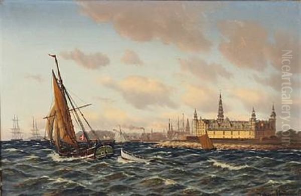 Sailing Ships Off The Coast Of Kronborg Castle Oil Painting by Johan Jens Neumann