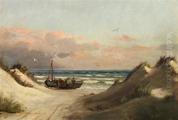 Fishermen On The Beach Oil Painting by Johan Jens Neumann