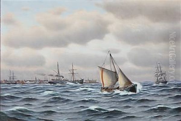 Seascape With Sailing Ships And Boats In High Waves, In The Background Kronborg Castle Oil Painting by Johan Jens Neumann