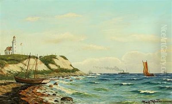 Coastal Scene From Vesborg Lighthouse On Samso Oil Painting by Johan Jens Neumann