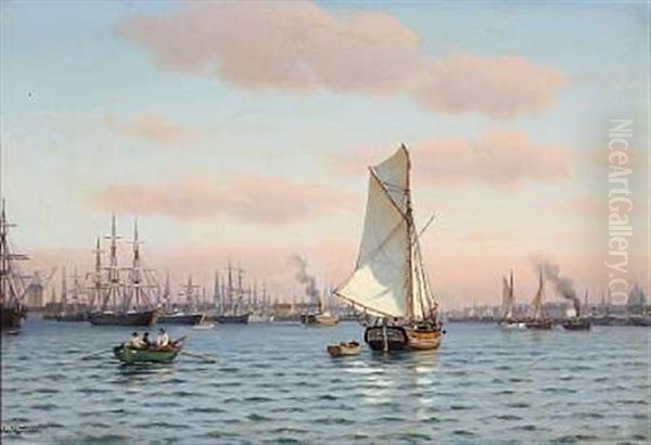 Numerous Sailing Ships In The Port Of Copenhagen by Johan Jens Neumann