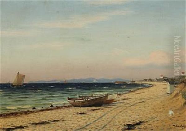 Beach Scenery With Numerous Ships On The Horizon Oil Painting by Johan Jens Neumann