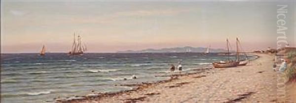 Summer Day At A Coast With Playing Children On The Beach Oil Painting by Johan Jens Neumann