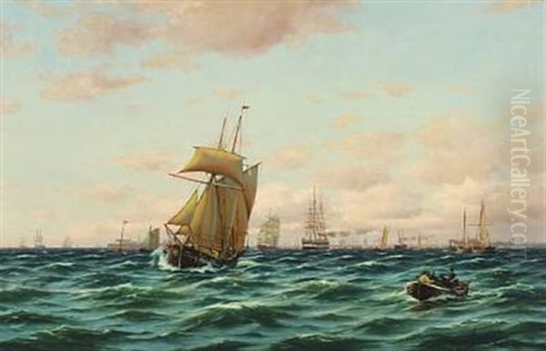 Seascape With Several Sailingships Outside Copenhagen Harbour Oil Painting by Johan Jens Neumann