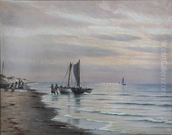 Coastal Scene With Fishermen In The Water Edge Oil Painting by Johan Jens Neumann