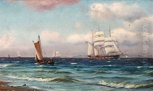 Coastal Scene With Sailing Ships At Sea Oil Painting by Johan Jens Neumann