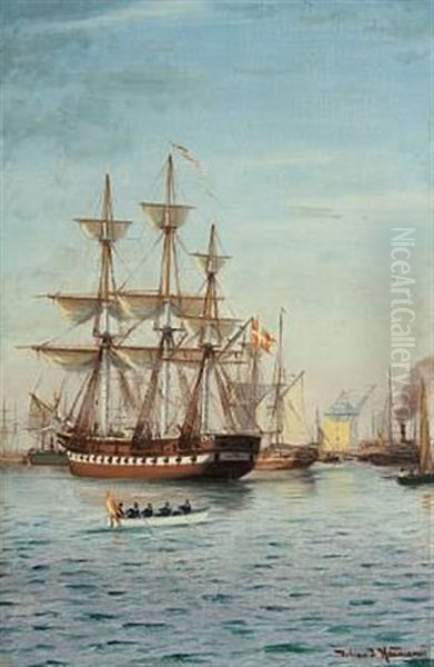 Copenhagen Harbour With Sailing Ships Oil Painting by Johan Jens Neumann