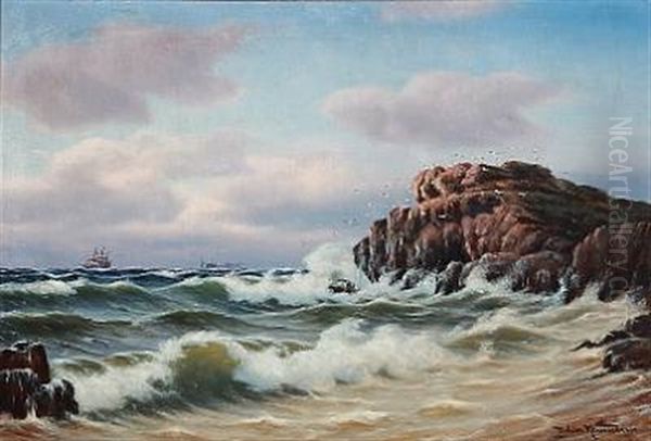 Breakers With Sailing Ships At Sea Oil Painting by Johan Jens Neumann