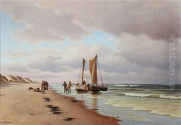 Fiskere Paa Skagen Strand Oil Painting by Johan Jens Neumann