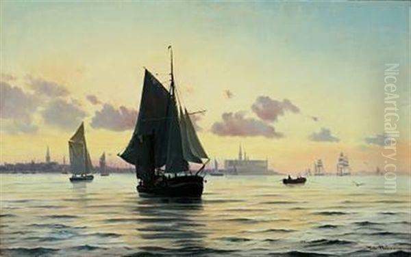 Seascape With Sailing Ships In The Evening Sun, In The Background Kronborg Castle Oil Painting by Johan Jens Neumann