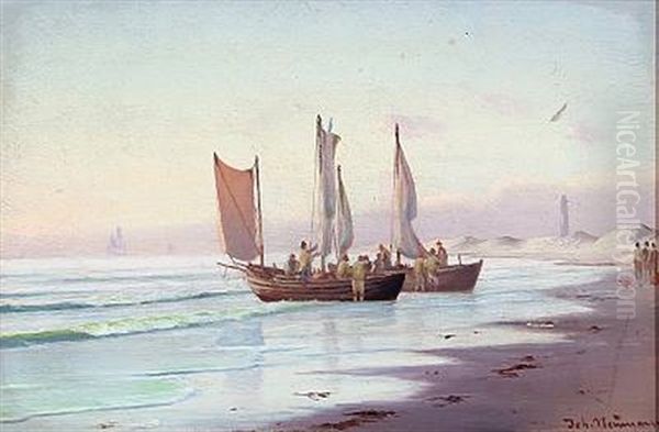 Beach Scenery With Fishermen Oil Painting by Johan Jens Neumann