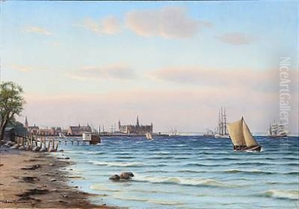 Coastal Scene From Helsingor With A View To Kronborg Castle In Denmark Oil Painting by Johan Jens Neumann