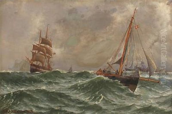 Sailing Ships In High Waves Oil Painting by Johan Jens Neumann