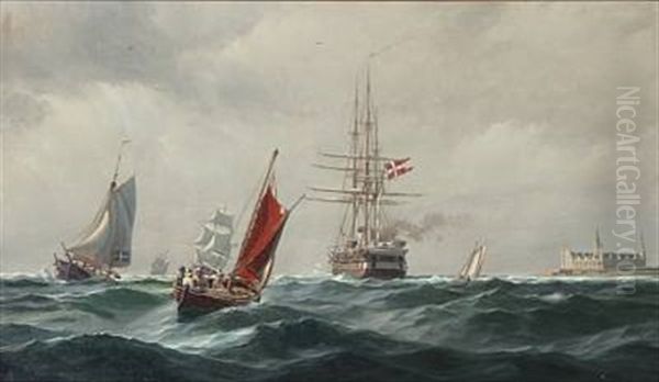 Seascape With Kronborg Castle In The Background Oil Painting by Johan Jens Neumann