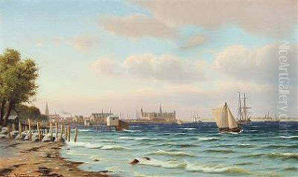 Sailing Boats Along The Coast Of Helsingor, In The Background Kronborg Castle Oil Painting by Johan Jens Neumann