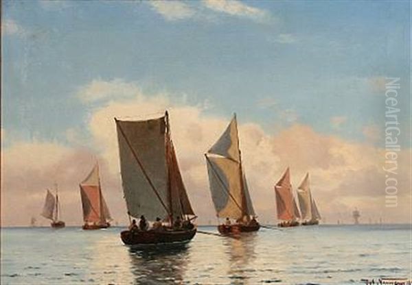 Seascape With Fishing Boats On A Summer Day Oil Painting by Johan Jens Neumann