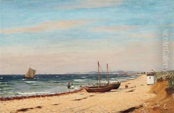 Seashore With Several Sailing Ships In The Front Playing Children And Boats On The Shore Oil Painting by Johan Jens Neumann