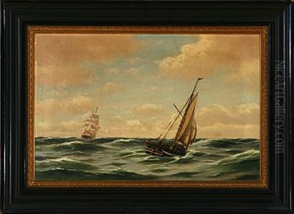 Marine With Sailing Ships On Open Sea Oil Painting by Johan Jens Neumann