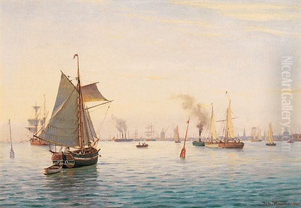 Blick Auf Den Morgendlichen Hafen Von Kopenhagen Mit Zahlreichen Schiffen Oil Painting by Johan Jens Neumann