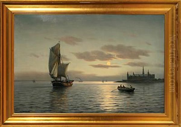 Marine With Sailing Ships Off The Coast Of Elsinore Castle Oil Painting by Johan Jens Neumann