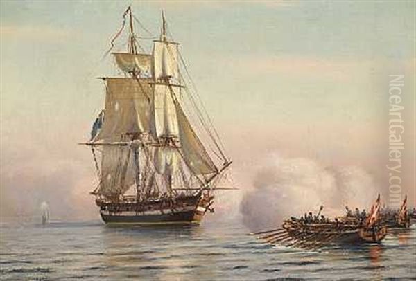 Danske Kanonbade Og En Engelsk Brig Oil Painting by Johan Jens Neumann