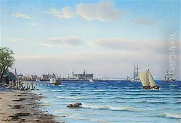 Kystparti Fra Helsingor Med Udsigt Mod Kronborg Oil Painting by Johan Jens Neumann