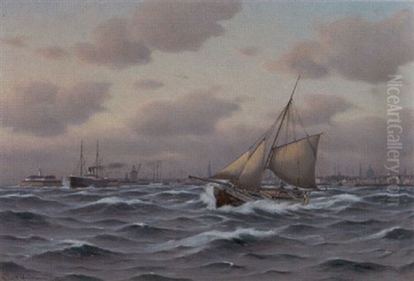 Marine Med Skibe Udfor Kobenhavns Oil Painting by Johan Jens Neumann