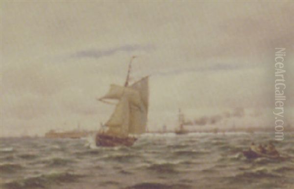 Marine Med Sejlskibe Udfor Kobenhavns Havn Oil Painting by Johan Jens Neumann