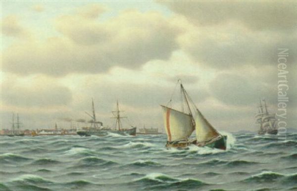 Marine Med Sejlskibe Og Damper Ud For Kronborg, I Baggrunden Helsingor Oil Painting by Johan Jens Neumann