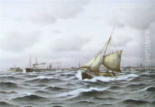 Marine Med Skibe Udfor Kobenhavns Havn Oil Painting by Johan Jens Neumann