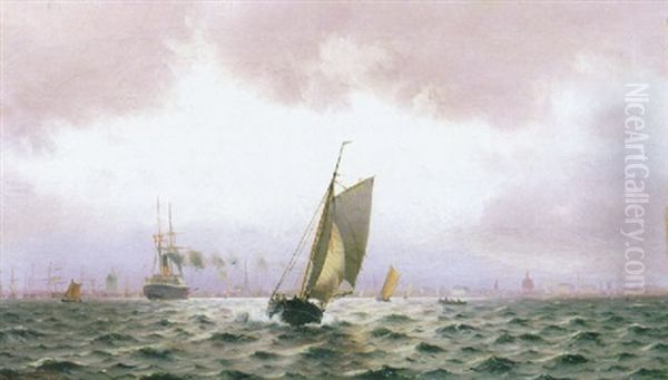 Marina Con Citta Sullo Sfondo Oil Painting by Johan Jens Neumann