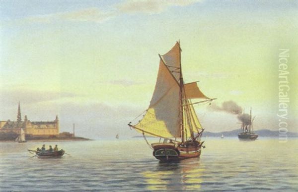 Skibe Pa Havet Udfor Kronborg Oil Painting by Johan Jens Neumann