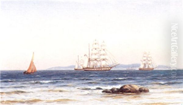 Marine Med Sejlskibe Oil Painting by Johan Jens Neumann