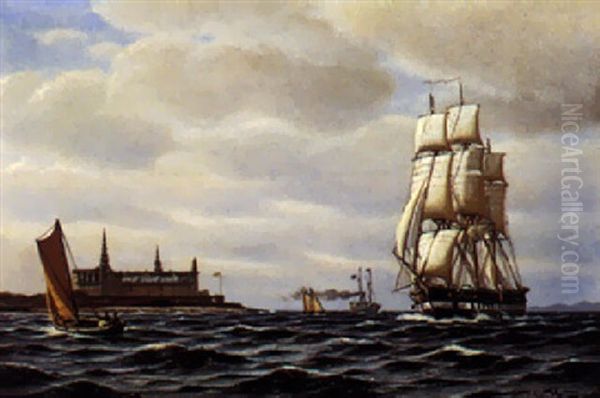 Marine Med Sejlskibe Udfor Kronborg Oil Painting by Johan Jens Neumann