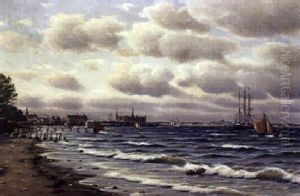 Marine Med Kysten Syd For Helsingor Med Kronborg Oil Painting by Johan Jens Neumann