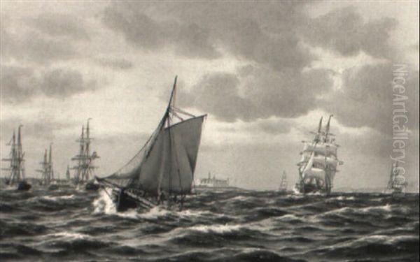 Hafeneinfahrt Von Kopenhagen Mit Zahlreichen Segelschiffen Oil Painting by Johan Jens Neumann