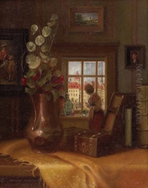 Zimmerinterieur Mit Blick Auf Eine Stadt Oil Painting by Ludwig Neumueller