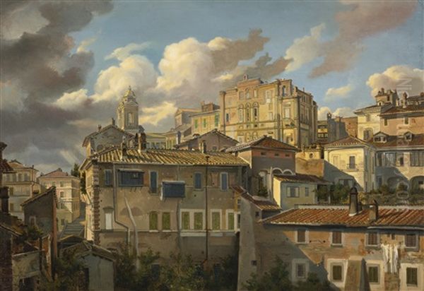 Houses In Rome, Near Santissima Trinita Dei Monti Oil Painting by Eugen Napoleon Neureuther