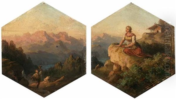 Jager Und Sennerin (pair) Oil Painting by Eugen Napoleon Neureuther