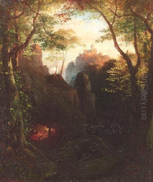 Romantische Waldlandschaft Mit Blick Auf Eine Burganlage Oil Painting by Eugen Napoleon Neureuther