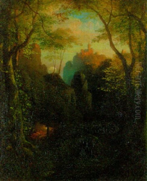 Waldlandschaft Mit Einer Burg Auf Einer Bergeskuppe In Der Ferne Oil Painting by Eugen Napoleon Neureuther