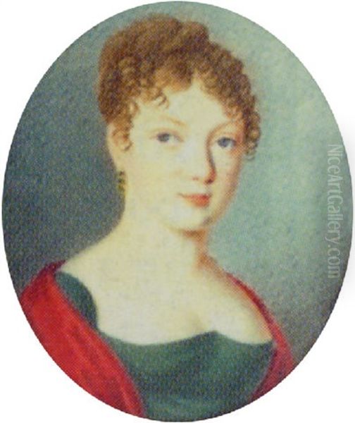 A Lady Wearing A Green Dress With Red Wrap Oil Painting by Ludwig Neureuther