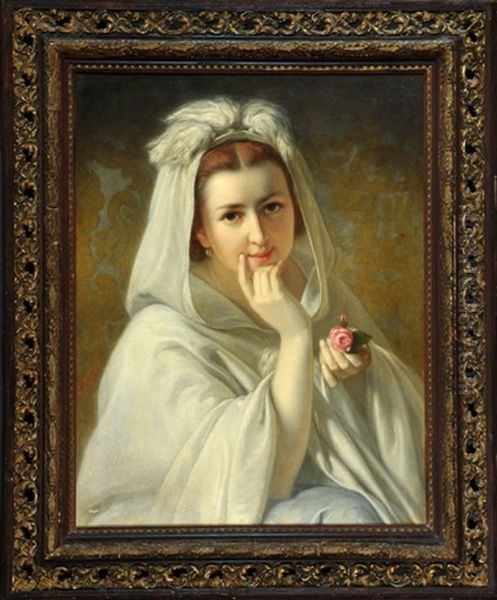 Portrait Einer Eleganten Dame Mit Rose Im Weisen Umhang Oil Painting by Ludwig Neustatter