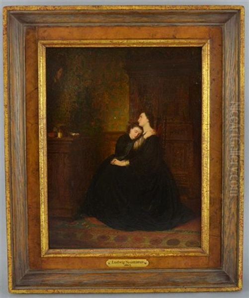 Two Sister Embracing In Interior Setting Oil Painting by Ludwig Neustatter