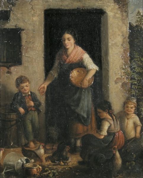 Huhner Futternde Mutter Mit Kindern Oil Painting by Ludwig Neustatter