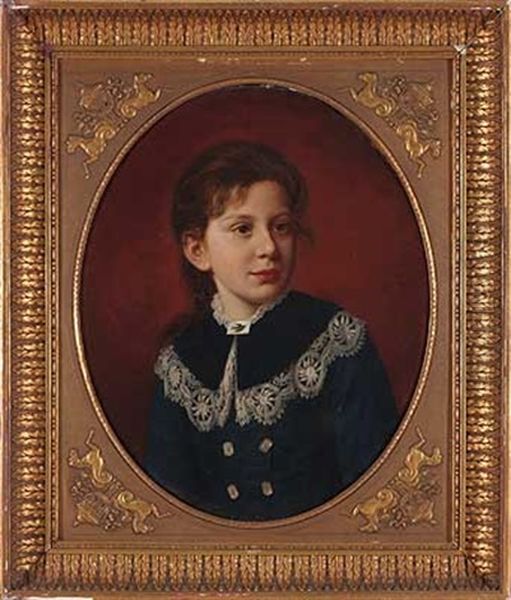 Portrait Eines Madchens In Blauem Kleid Mit Spitze Und Brosche Mit Vogel Oil Painting by Ludwig Neustatter