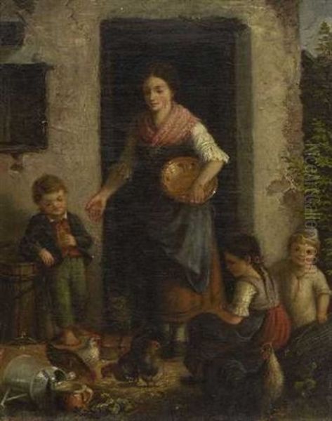 Junge Bauerin Mit Kindern Beim Huhnerfuttern Oil Painting by Ludwig Neustatter